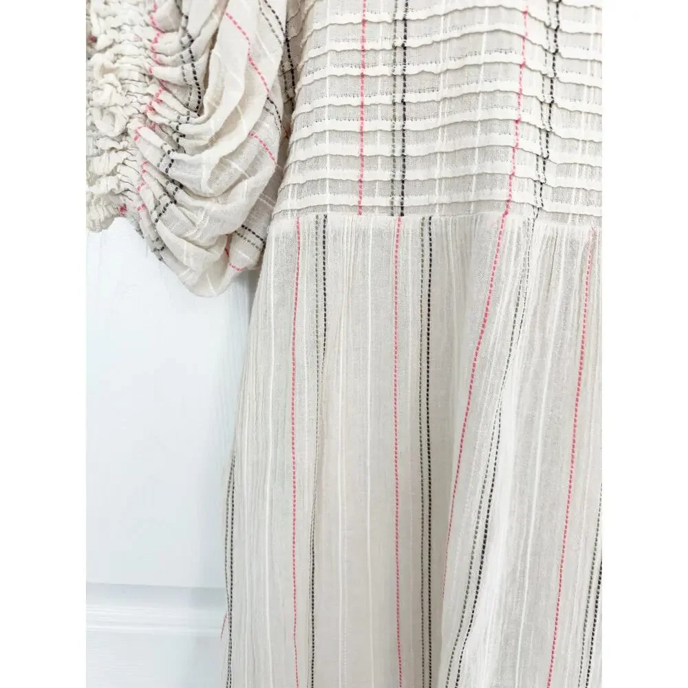 Free People Elsie Textured Gauze Tunic Mini Babydoll Dress Ivory Puff Sleeve